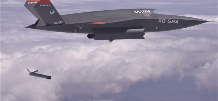 The XQ-58A Valkyrie demonstrates the separation of the ALTIUS-600 small unmanned aircraft system in a test at the U.S. Army Yuma Proving Ground test range in Arizona on March 26, 2021. (U.S. Air Force)